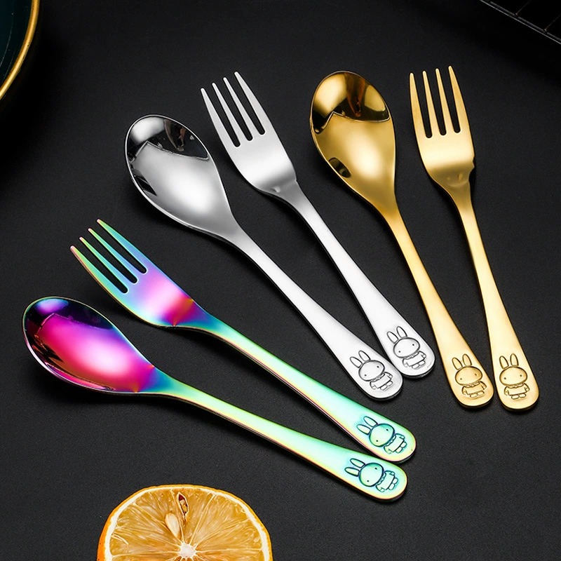 304 Stainless Steel Cartoon Rabbit Kids Tableware Set, Child Dinner Spoon Fork Knife for Soup & Meals