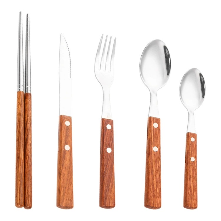 304 Stainless Steel Cutlery Set With Rosewood Handles, Western Hotel Tableware, Steak Knives, Forks, Chopsticks & Dessert Spoons - Image 5