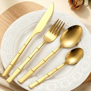 Creative Bamboo Joint Handle Gold Plated Stainless Steel Western Cutlery Set, Steak Knives Forks, Soup Spoons & Dessert Spoon Forks