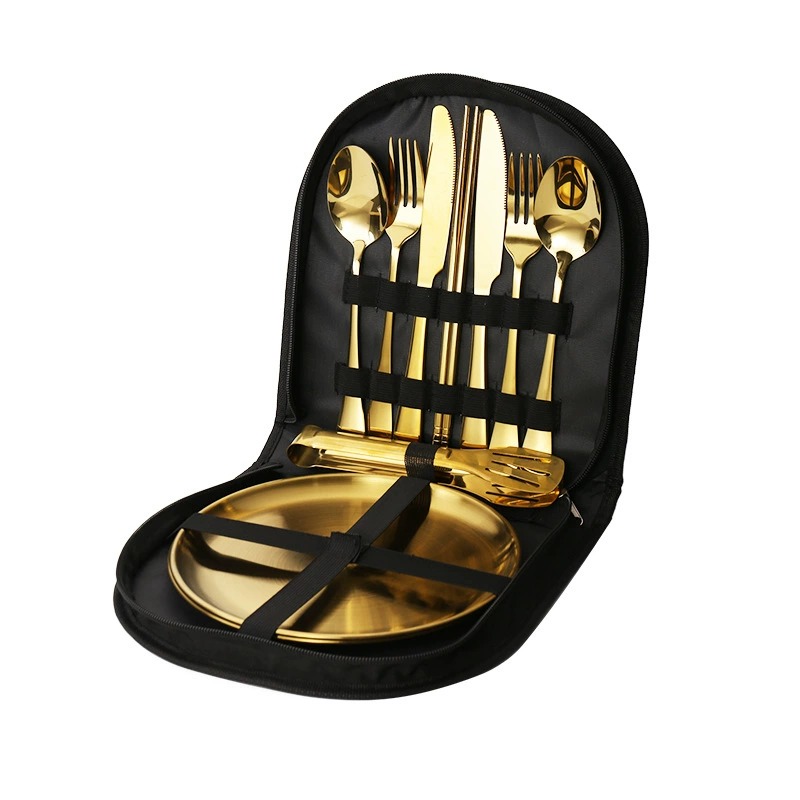 Portable Outdoor Stainless Steel 10-Piece Cutlery Set for Travel & Camping, Grill Plate Food Tongs, Knives, Forks and Spoons - Image 4