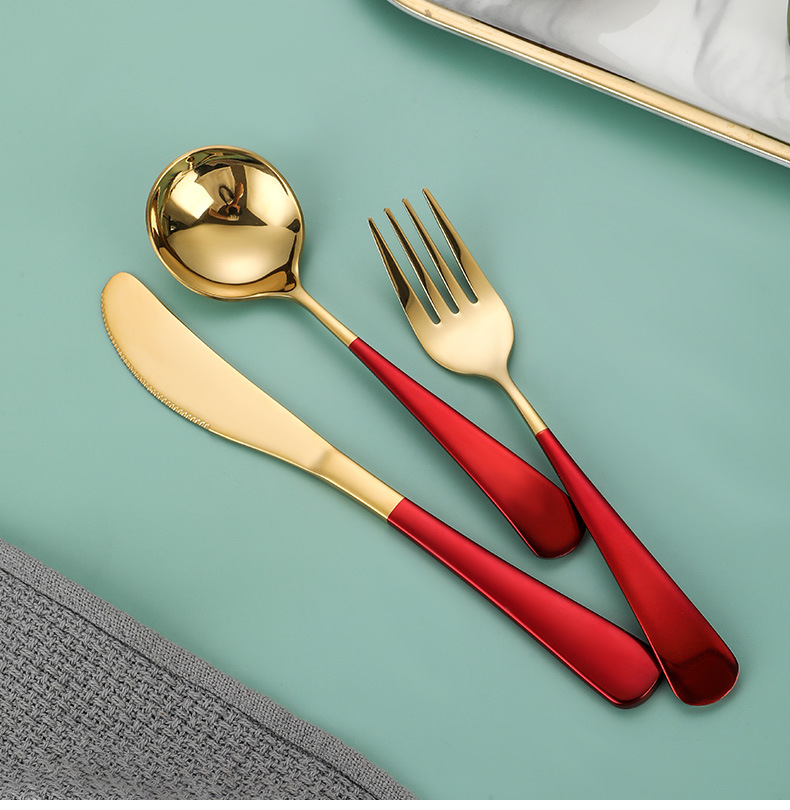 304 Stainless Steel Viral Round Spoon Set, Titanium Gold Coated Dessert Soup Knife Fork Spoon - Image 12