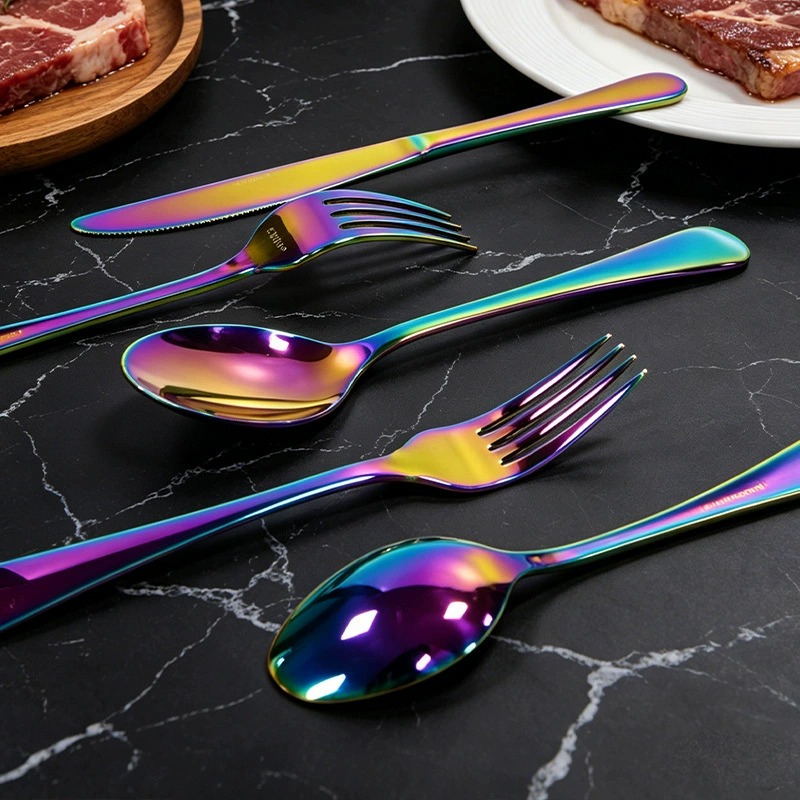 1010 Stainless Steel Cutlery Set, Iridescent Western Steak Knives, Forks & Spoons, Thickened Household Tableware