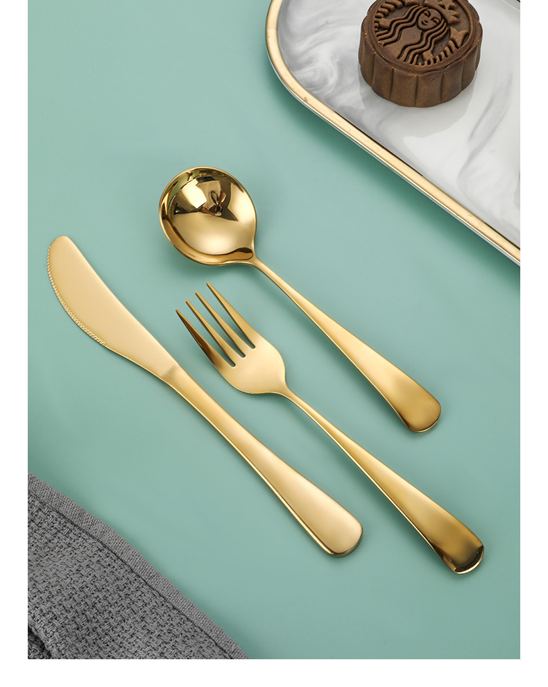 304 Stainless Steel Viral Round Spoon Set, Titanium Gold Coated Dessert Soup Knife Fork Spoon - Image 11