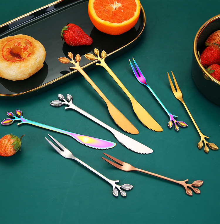 Stainless Steel Leaf Knife Fork Spoon, Mooncake Fruit Dessert Fork Gift Set - Image 4
