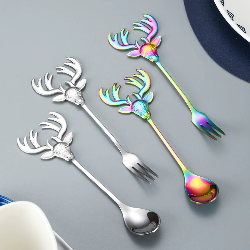 Gold Long Handle Bar Stirring Spoon, European 304 Stainless Steel Deer Head Spoon Fork - Image 4