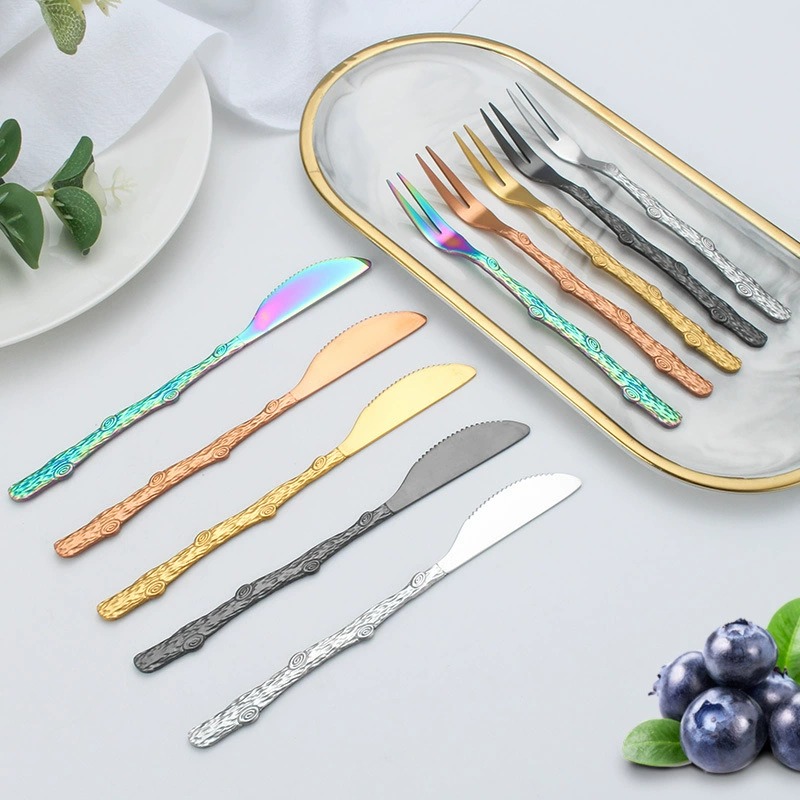 Wooden Handle Gold Stainless Steel Mooncake Knife Fork, 2 Prong Fruit Dessert Fork - Image 2