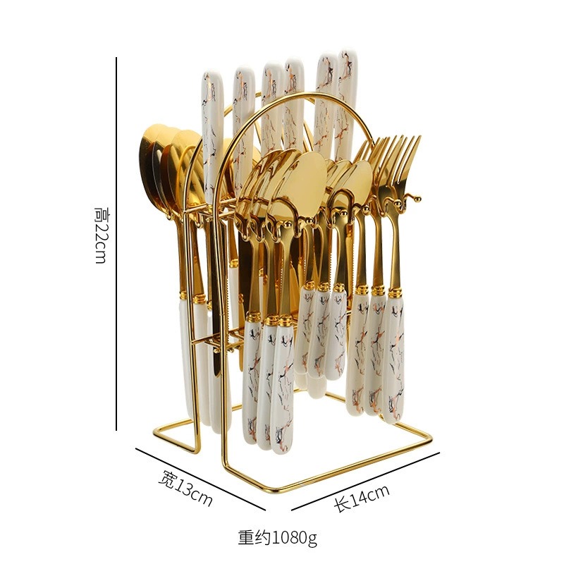 New Arrival 24 Pcs Stainless Steel Cutlery Set In Stock, Gold Plated Ceramic Handle Knives Forks Spoons With Storage Rack Gift Box Set - Image 5