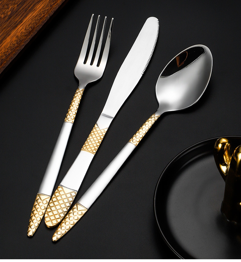 New European Style 6-Piece Gold Plated Stainless Steel Western Cutlery Set, Hotel Steak Knives, Forks and Spoons - Image 5