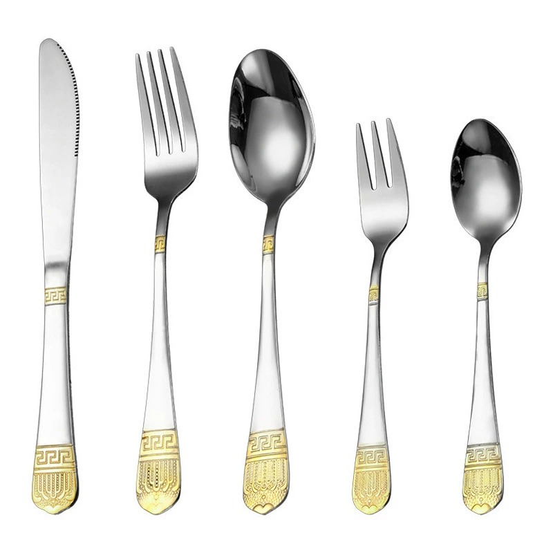 Vintage Gold Plated Stainless Steel Cutlery Set, Western Steak Knives, Forks and Spoons for Hotel Use - Image 2