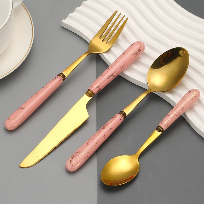 New Arrival 24 Pcs Stainless Steel Cutlery Set In Stock, Gold Plated Ceramic Handle Knives Forks Spoons With Storage Rack Gift Box Set - Image 2