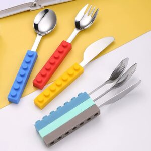 Stainless Steel Cartoon Building Blocks Kids Cutlery Set, Baby Feeding Spoons for Complementary Food, Fruit Forks for Household Use
