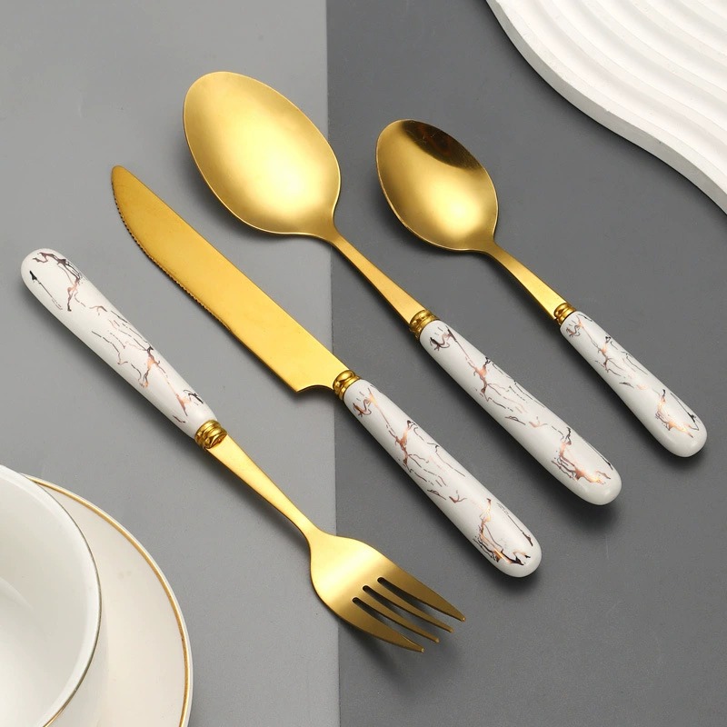 New Arrival 24 Pcs Stainless Steel Cutlery Set In Stock, Gold Plated Ceramic Handle Knives Forks Spoons With Storage Rack Gift Box Set - Image 3