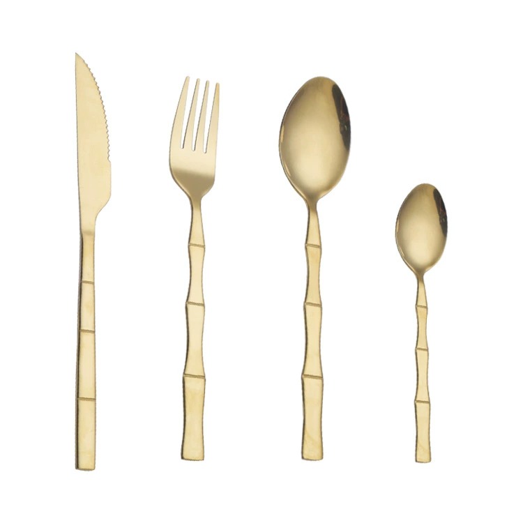 Creative Bamboo Joint Handle Gold Plated Stainless Steel Western Cutlery Set, Steak Knives Forks, Soup Spoons & Dessert Spoon Forks - Image 4