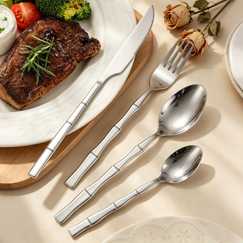 Creative Bamboo Joint Handle Gold Plated Stainless Steel Western Cutlery Set, Steak Knives Forks, Soup Spoons & Dessert Spoon Forks - Image 3