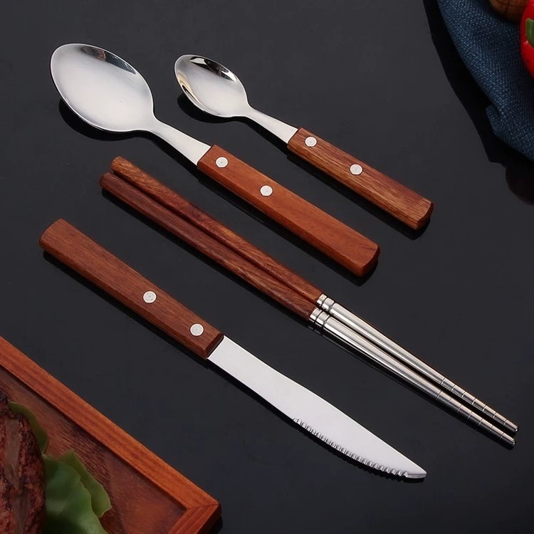 304 Stainless Steel Cutlery Set With Rosewood Handles, Western Hotel Tableware, Steak Knives, Forks, Chopsticks & Dessert Spoons - Image 2