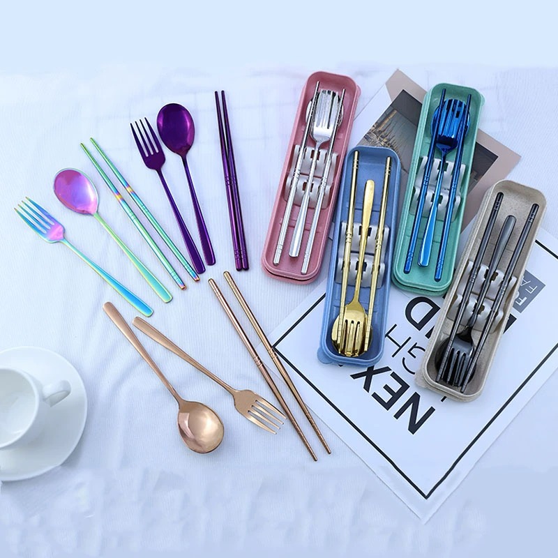 3Pcs Korean 304 Stainless Steel Spoon Fork Chopstick Set, Portable Essential Cutlery for Student Travel Home - Image 3