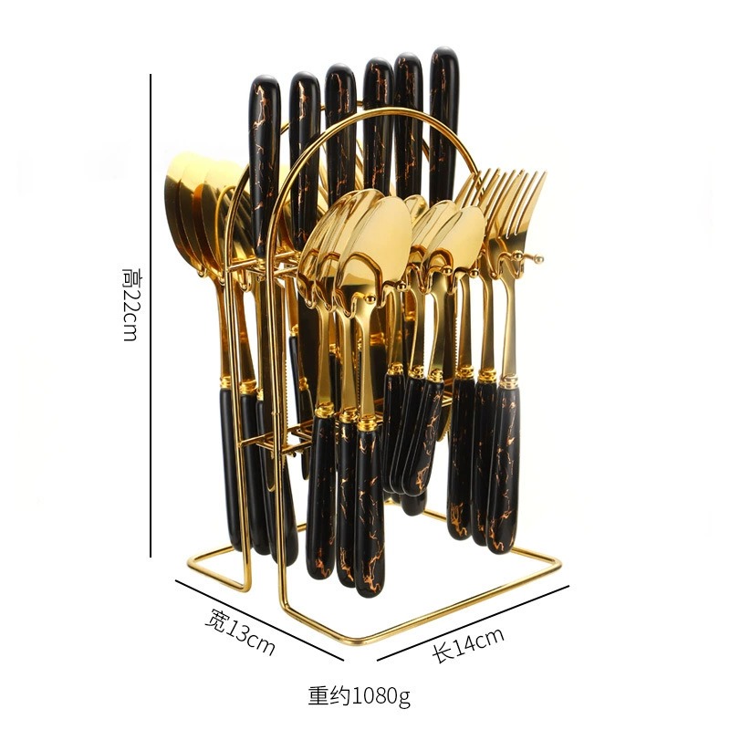 New Arrival 24 Pcs Stainless Steel Cutlery Set In Stock, Gold Plated Ceramic Handle Knives Forks Spoons With Storage Rack Gift Box Set - Image 8