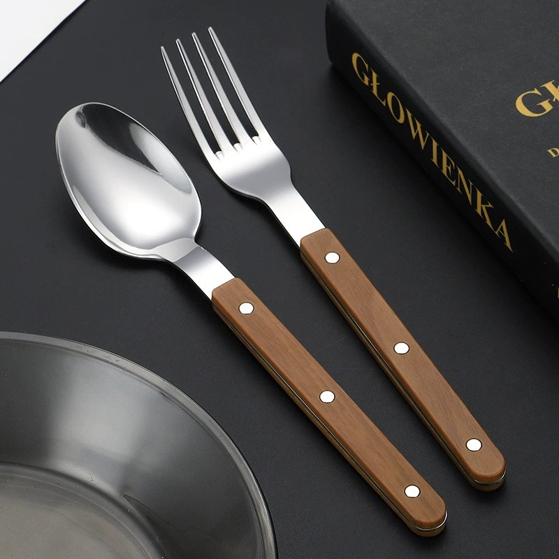 430 Stainless Steel Tableware with ABS Wood Grain Grip Handles, Elegant French Style Cutlery Set, Spoons, Forks, Dessert Spoons & Butter Knives - Image 2