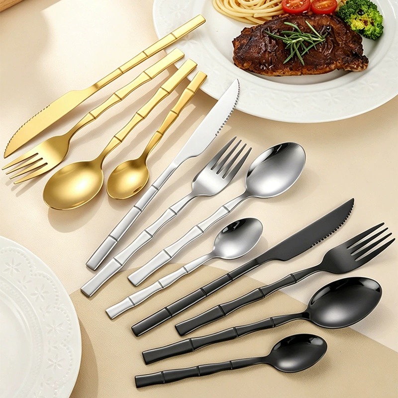 Creative Bamboo Joint Handle Gold Plated Stainless Steel Western Cutlery Set, Steak Knives Forks, Soup Spoons & Dessert Spoon Forks - Image 2