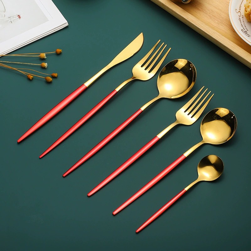 4Pcs Black Gold Titanium Coated 304 Stainless Steel Portugal Steak Cutlery Set, Western Knife Fork Spoon