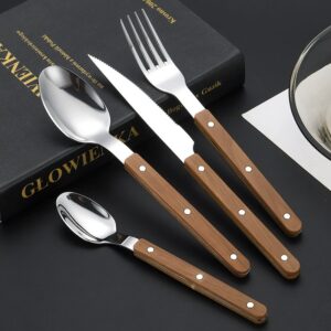 430 Stainless Steel Tableware with ABS Wood Grain Grip Handles, Elegant French Style Cutlery Set, Spoons, Forks, Dessert Spoons & Butter Knives