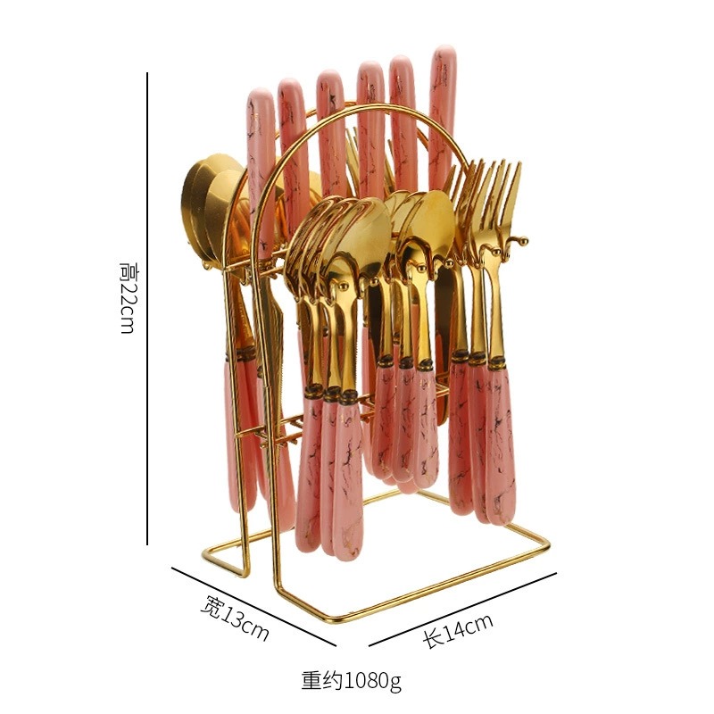 New Arrival 24 Pcs Stainless Steel Cutlery Set In Stock, Gold Plated Ceramic Handle Knives Forks Spoons With Storage Rack Gift Box Set - Image 7