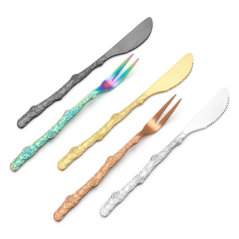 Wooden Handle Gold Stainless Steel Mooncake Knife Fork, 2 Prong Fruit Dessert Fork - Image 4