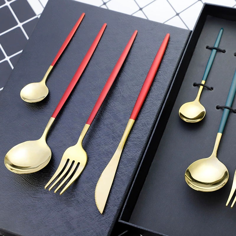 Colorful 304 Portugal Stainless Steel Cutlery 4Pcs Box Set, Western Dessert Knife Fork Spoon with Storage Box - Image 3