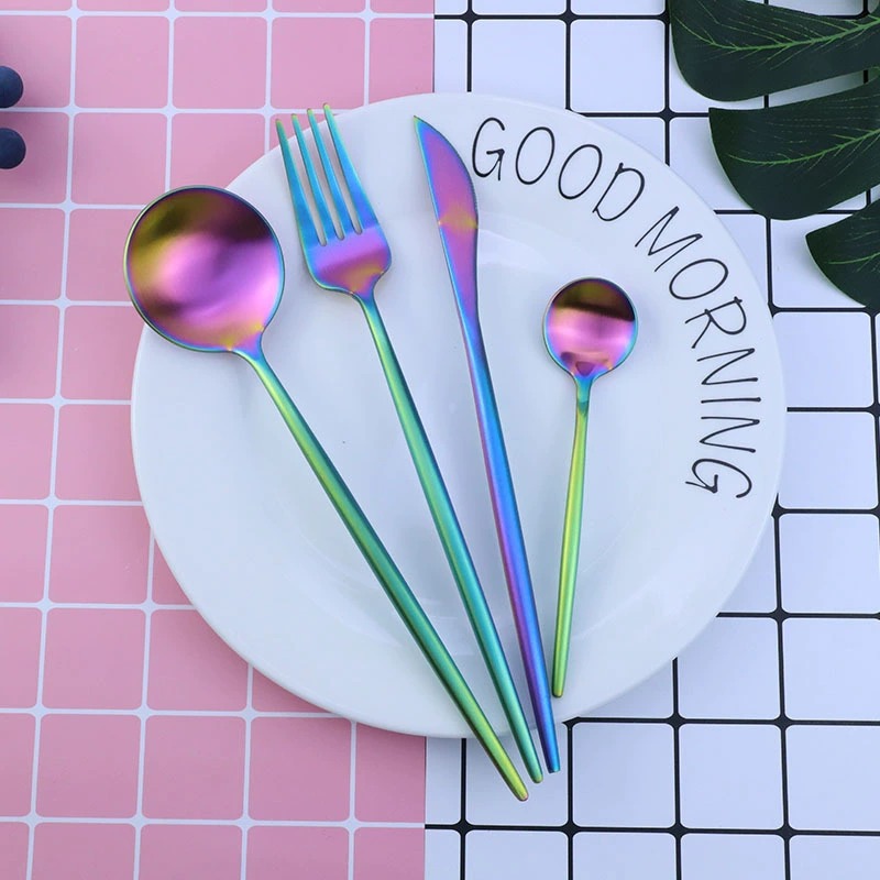 4Pcs Satin Polish Portugal Stainless Steel Steak Tableware Set, Home Western Knife Fork Spoon with Plate