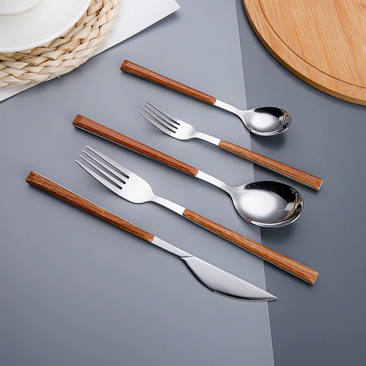Custom 5-Piece 304 Stainless Steel Cutlery Set, Premium Wood Effect Handle Western Steak Knives, Forks and Spoons - Image 3