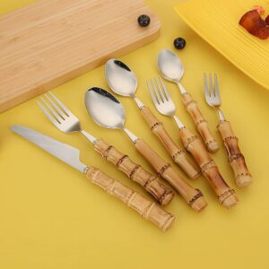 Bamboo Joint Handle Stainless Steel Western Cutlery Gift Set, Steak Knives Forks, Cake & Dessert Spoons