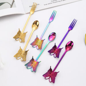 Butterfly Design 304 Stainless Steel Spoon and Fork, Hanging Coffee Spoon, Gold Plated Dessert Spoon Fruit Fork, Gift Tableware