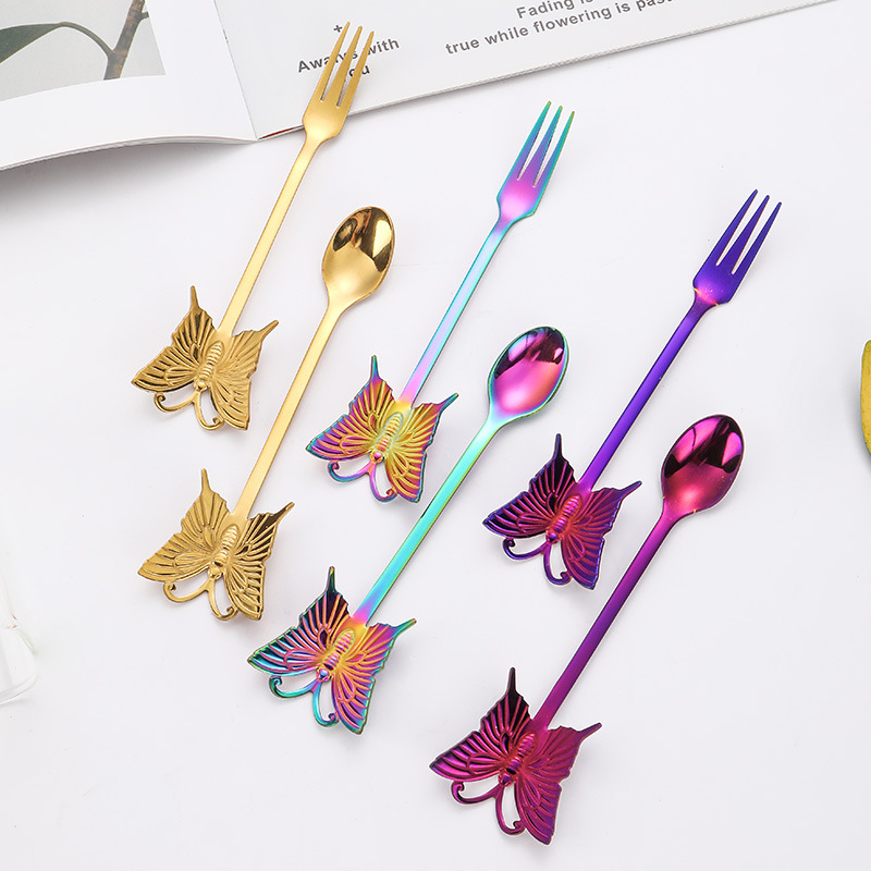 Butterfly Design 304 Stainless Steel Spoon and Fork, Hanging Coffee Spoon, Gold Plated Dessert Spoon Fruit Fork, Gift Tableware