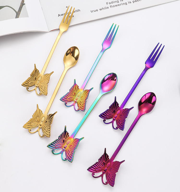 Butterfly Design 304 Stainless Steel Spoon and Fork, Hanging Coffee Spoon, Gold Plated Dessert Spoon Fruit Fork, Gift Tableware - Image 4