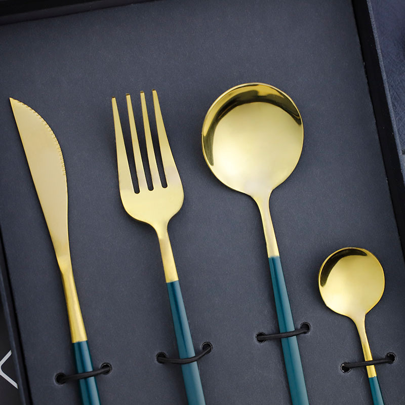 4Pcs Portugal Style 304 Stainless Steel Cutlery Set, Colorful Knife Fork Dessert Spoon with Box - Image 3