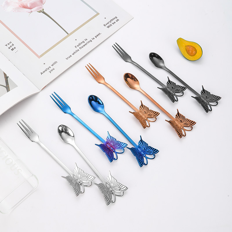 Butterfly Design 304 Stainless Steel Spoon and Fork, Hanging Coffee Spoon, Gold Plated Dessert Spoon Fruit Fork, Gift Tableware - Image 5