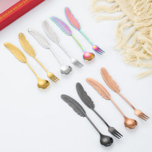 Creative 304 Stainless Steel Feather Spoon, Coffee Spoon, Cake Dessert Spoon, Fork, Fruit Fork, Wedding Favor Spoon and Fork