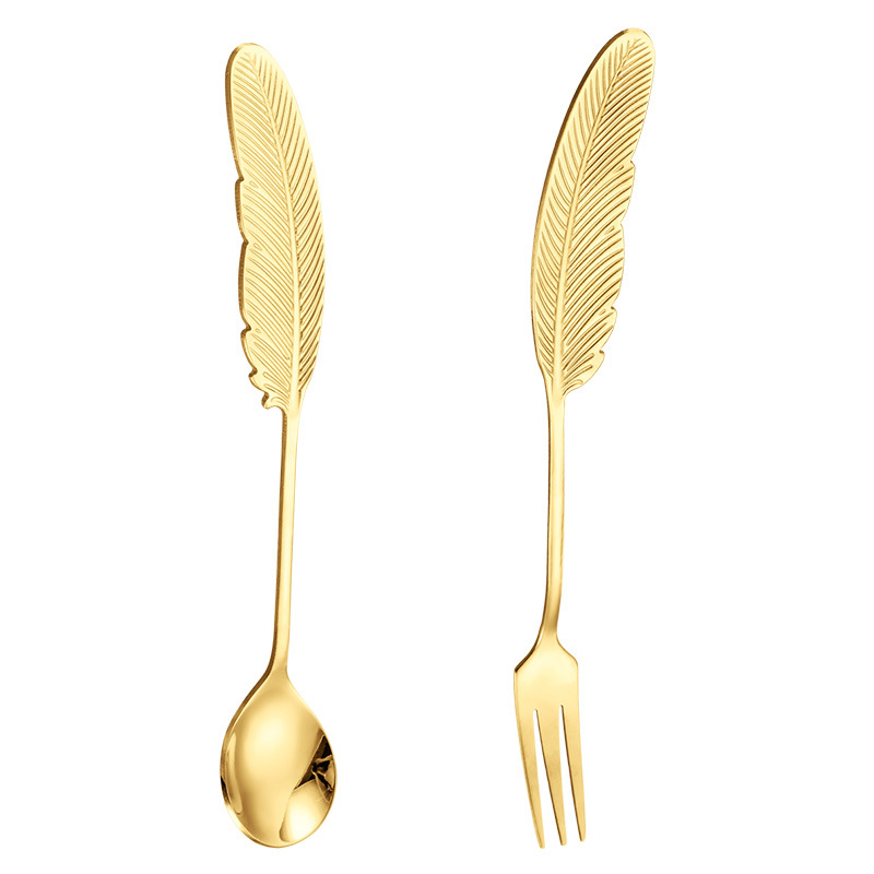 Creative 304 Stainless Steel Feather Spoon, Coffee Spoon, Cake Dessert Spoon, Fork, Fruit Fork, Wedding Favor Spoon and Fork - Image 2
