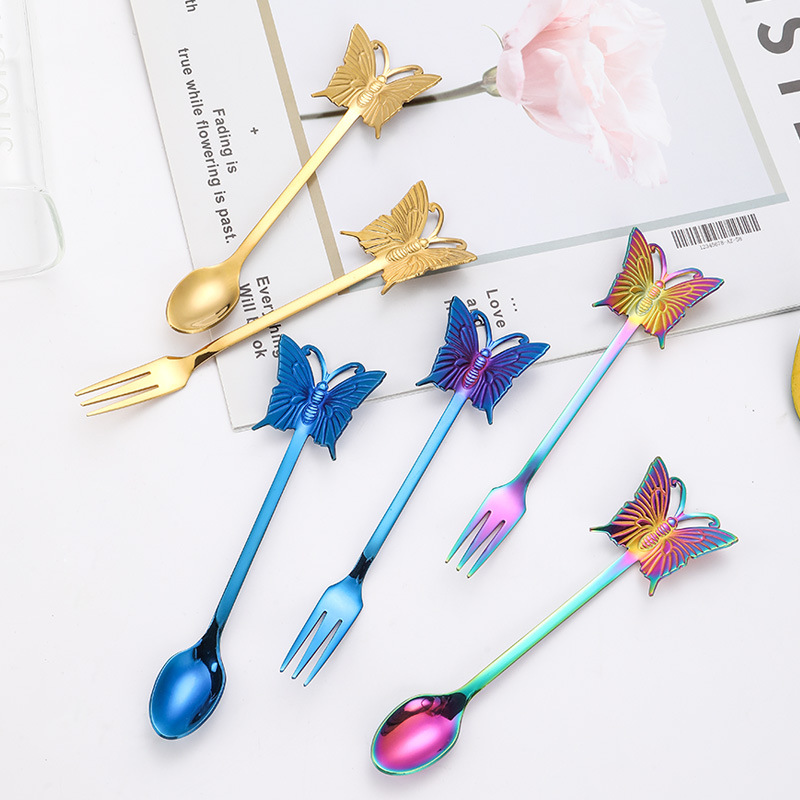 Butterfly Design 304 Stainless Steel Spoon and Fork, Hanging Coffee Spoon, Gold Plated Dessert Spoon Fruit Fork, Gift Tableware - Image 12