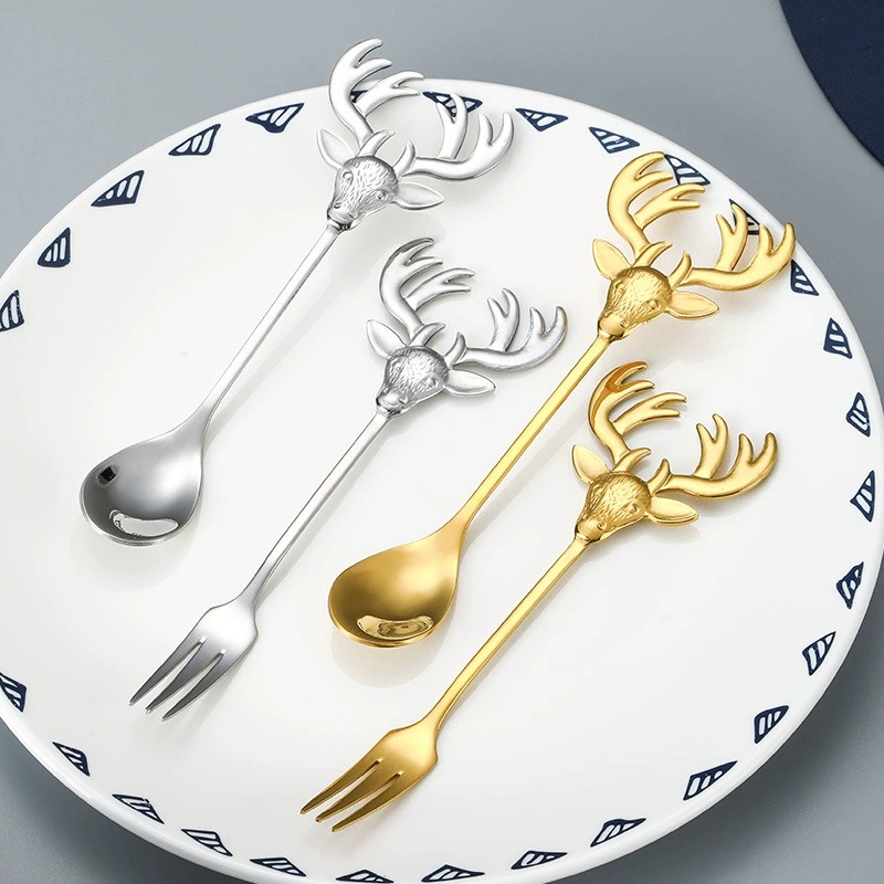 Gold Long Handle Bar Stirring Spoon, European 304 Stainless Steel Deer Head Spoon Fork - Image 5