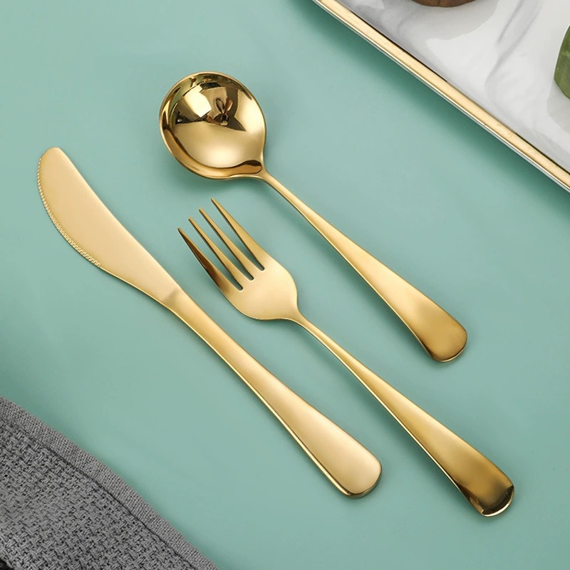 304 Stainless Steel Viral Round Spoon Set, Titanium Gold Coated Dessert Soup Knife Fork Spoon - Image 4