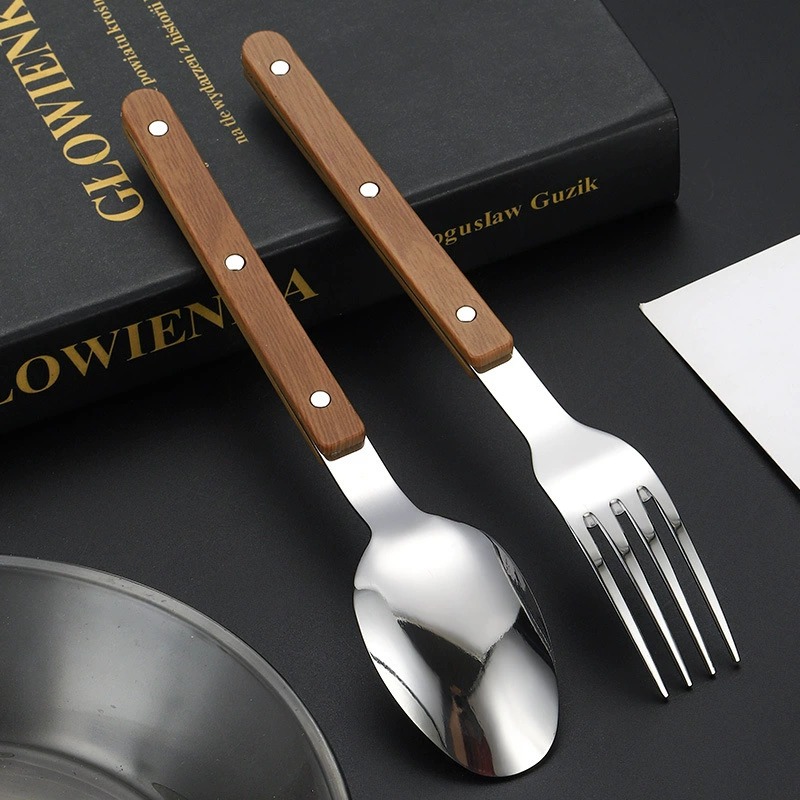 430 Stainless Steel Tableware with ABS Wood Grain Grip Handles, Elegant French Style Cutlery Set, Spoons, Forks, Dessert Spoons & Butter Knives - Image 3