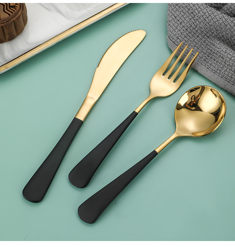 304 Stainless Steel Viral Round Spoon Set, Titanium Gold Coated Dessert Soup Knife Fork Spoon - Image 8