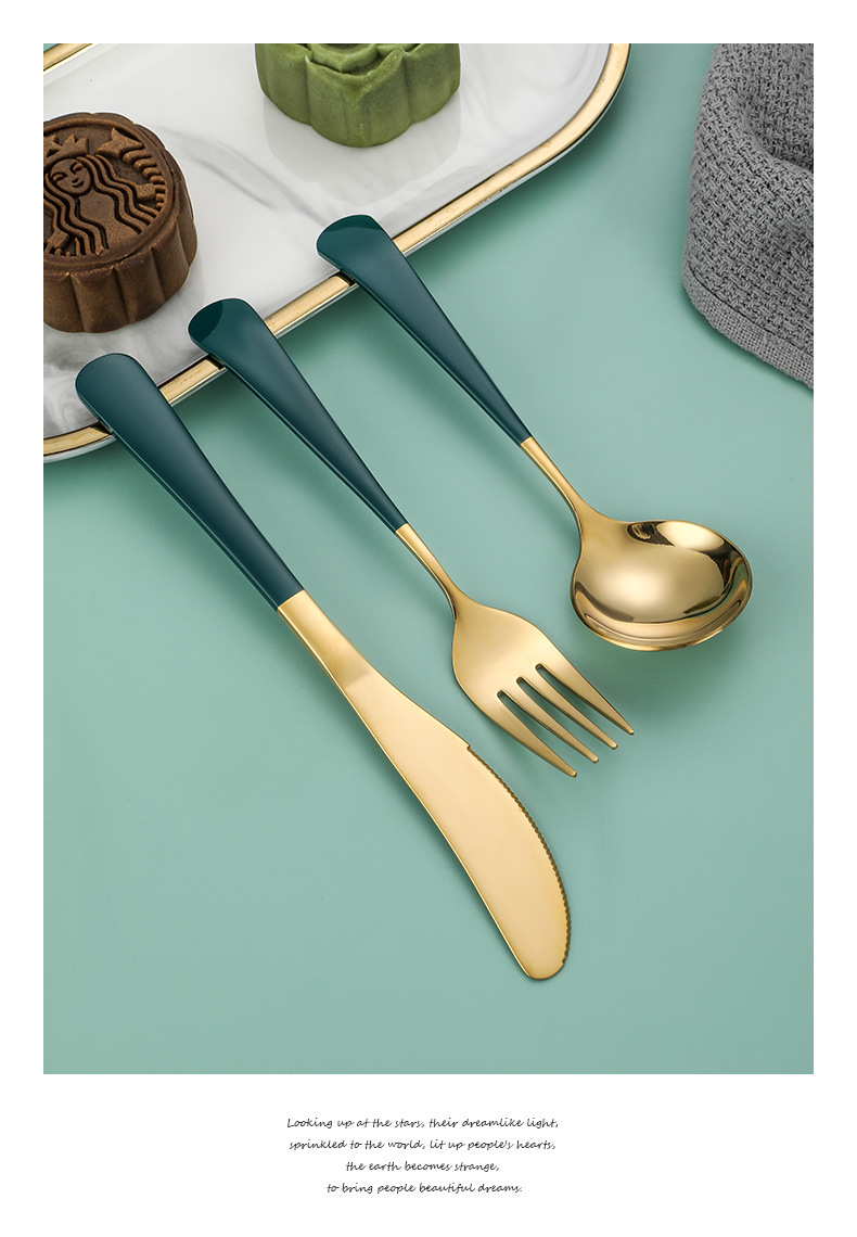 304 Stainless Steel Viral Round Spoon Set, Titanium Gold Coated Dessert Soup Knife Fork Spoon - Image 10