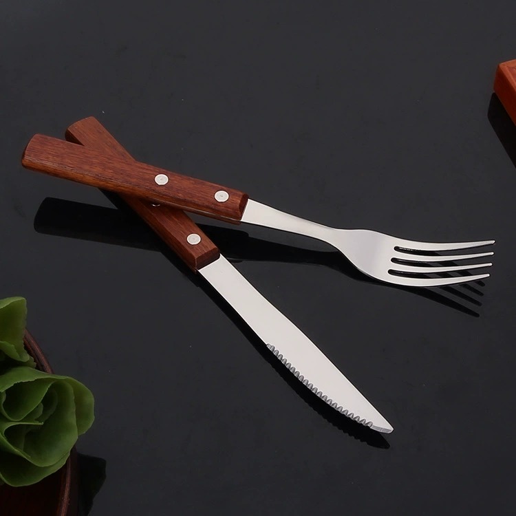 Custom 304 Stainless Steel Cutlery Set with Rosewood Handles, Western Hotel Tableware, Steak Knives, Forks, Chopsticks and Dessert Spoons - Image 3