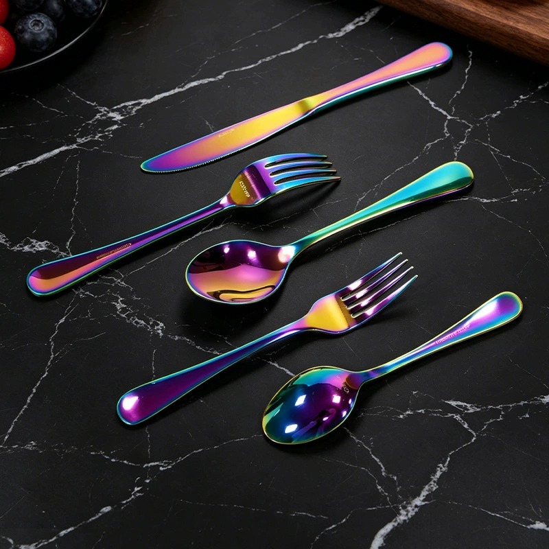 1010 Stainless Steel Cutlery Set, Iridescent Western Steak Knives, Forks & Spoons, Thickened Household Tableware - Image 3