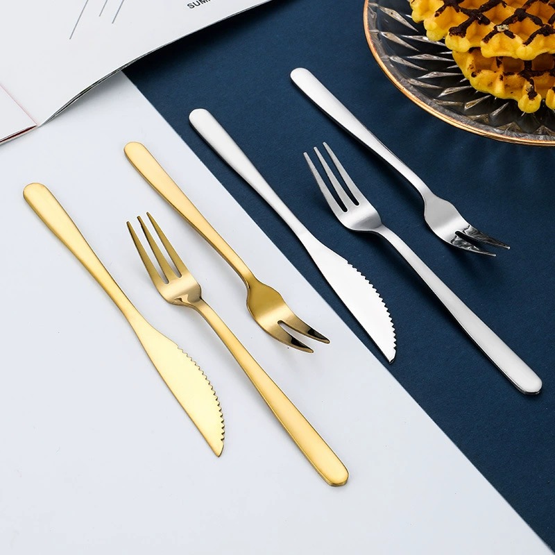 Gold Stainless Steel Mooncake Knife Fork, Creative 2-Tine Fruit Dessert Mini Fork