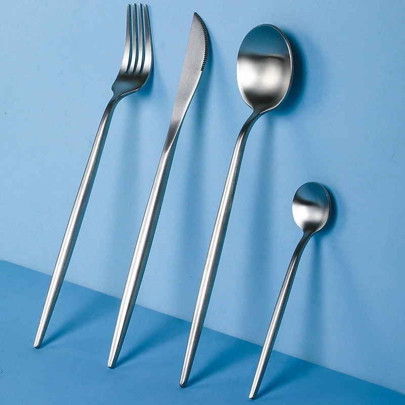 Sanded Stainless Steel Steak Knives, Forks & Spoons, Thickened, High Appearance Level Ins-Style Tableware Set