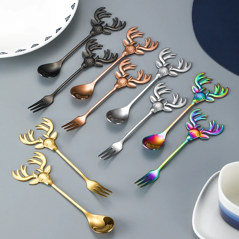 Gold Long Handle Bar Stirring Spoon, European 304 Stainless Steel Deer Head Spoon Fork