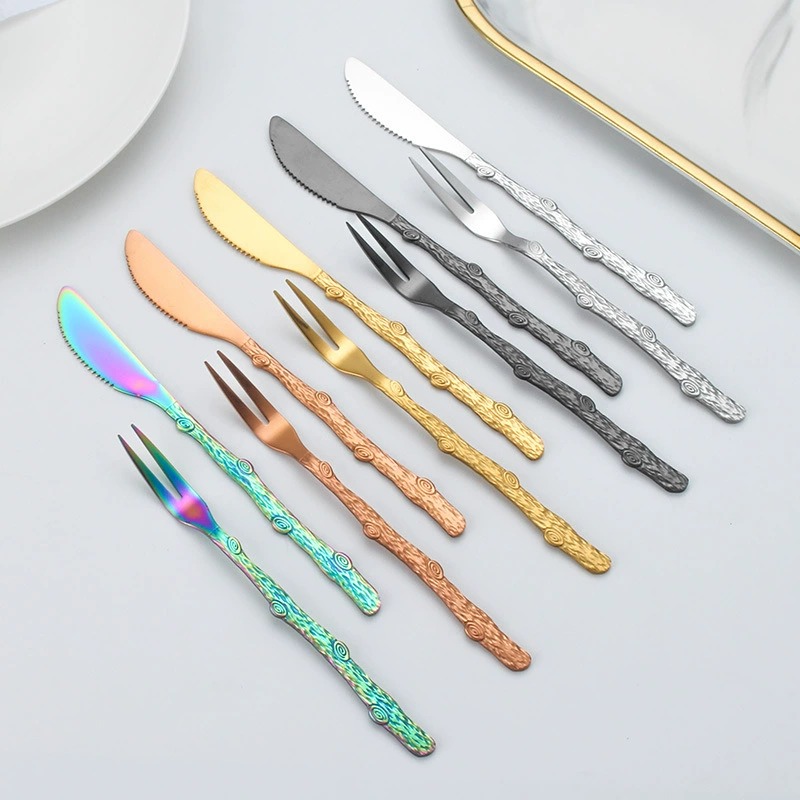 Wooden Handle Gold Stainless Steel Mooncake Knife Fork, 2 Prong Fruit Dessert Fork - Image 3